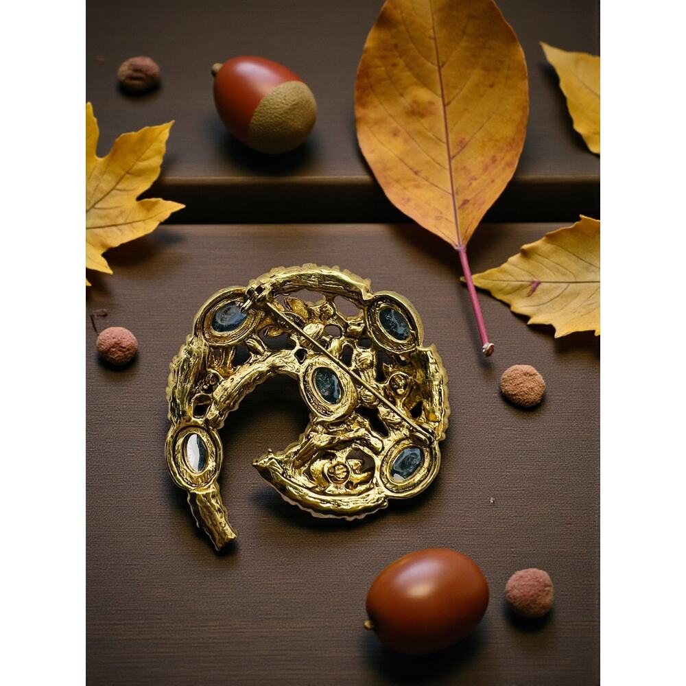 Vintage Gold Tone Amber Cabochon Rhinestone Crescent Brooch-Mid Century-Leaf-Art - Picture 7 of 8